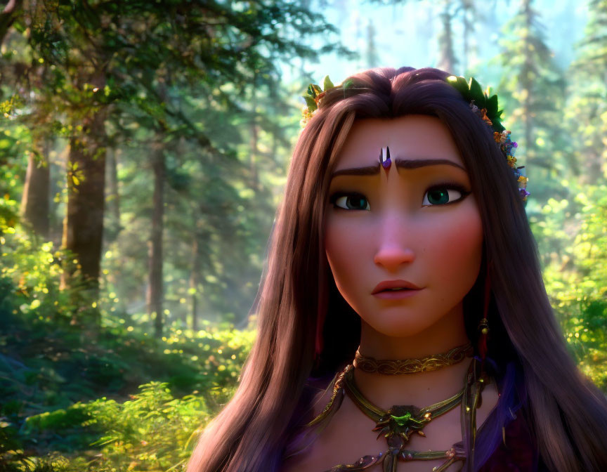 3D animated character with leaf crown in sunlit forest