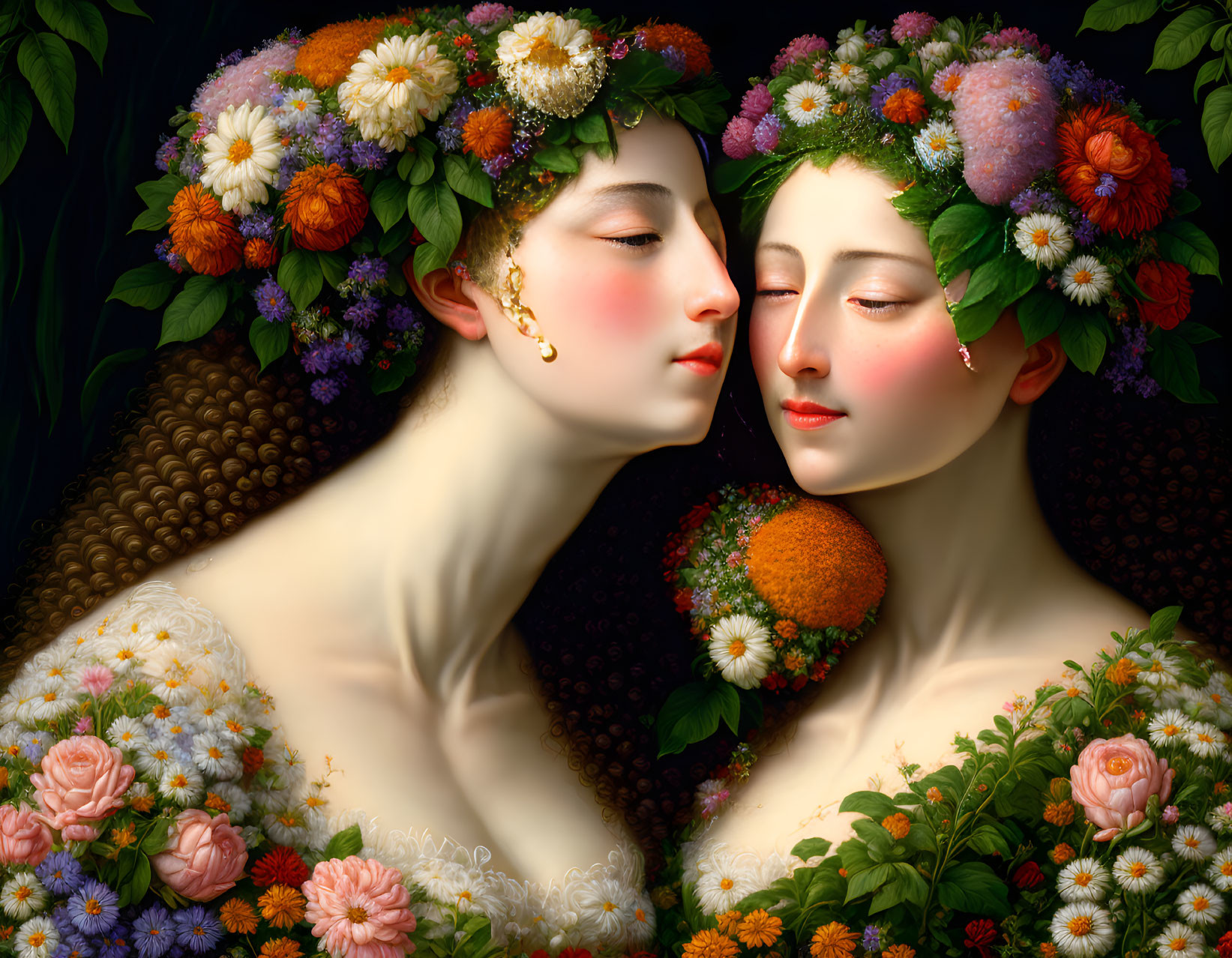 Digital artwork of two women with floral attire against dark backdrop