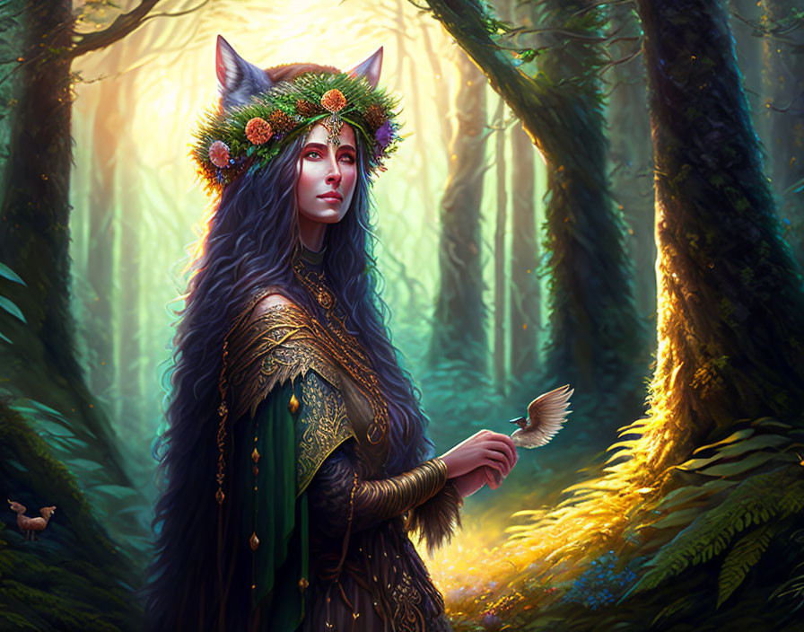 Mystical woman with pointy ears in enchanted forest with floral crown