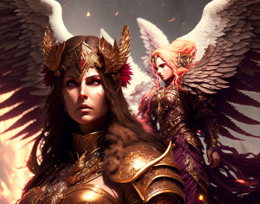 Fantasy female warriors with angelic wings and ornate armor in fiery setting