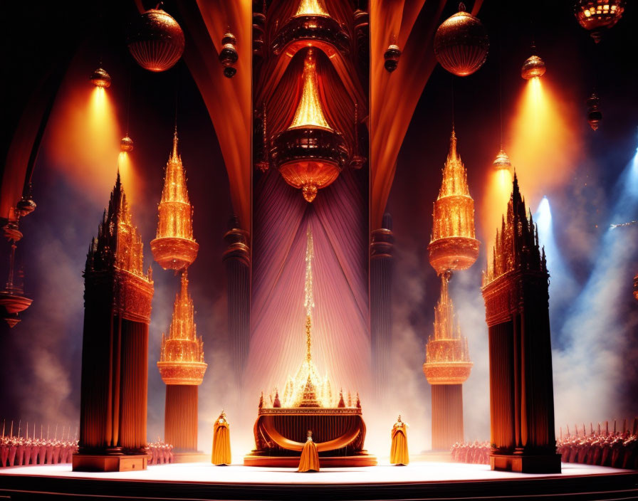 Luxurious Stage Set with Golden Spires, Crimson Drapes, and Ornate Yellow Costumes