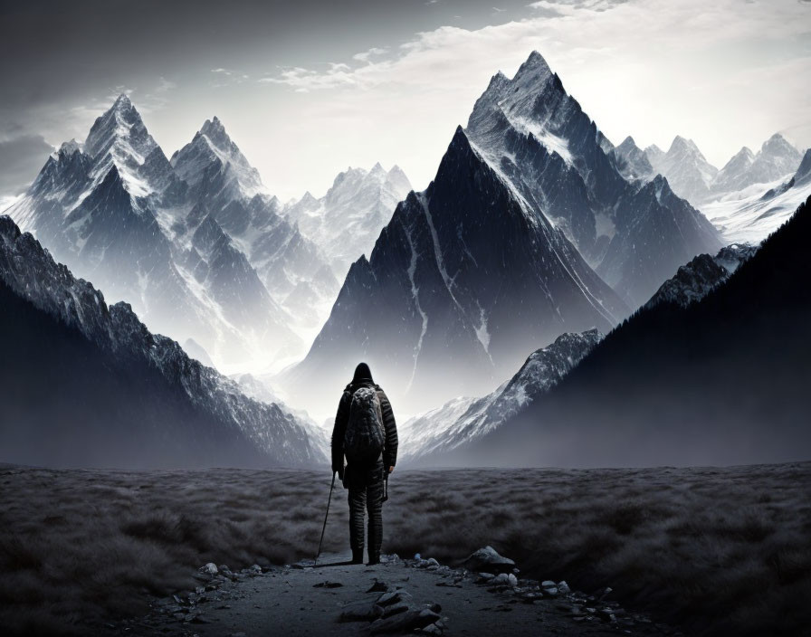 Solitary figure facing snow-capped mountains under dramatic sky