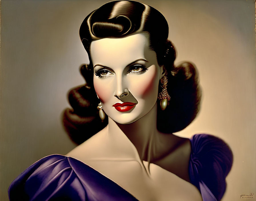 1940s-inspired woman portrait with elegant hairstyle and purple dress