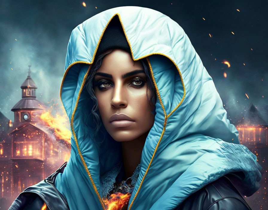 Digital artwork: Woman in hood with gold trim amid fiery fantasy background