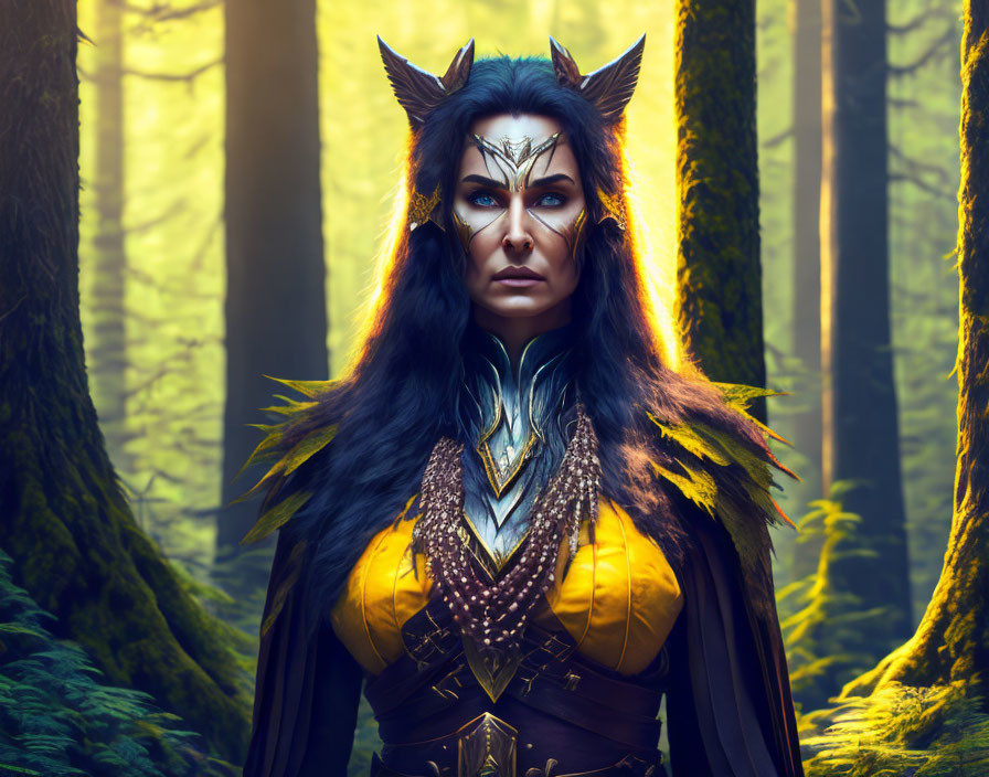 Fantasy armor woman with feathered collar in sunlit forest