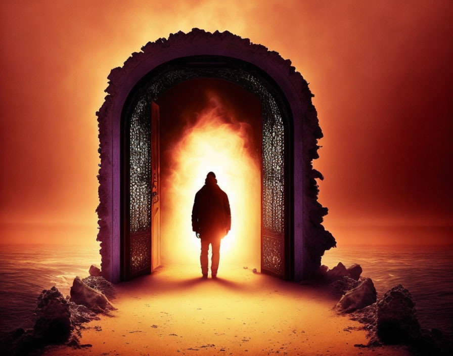 Silhouette of person in ornate archway amid misty orange landscape