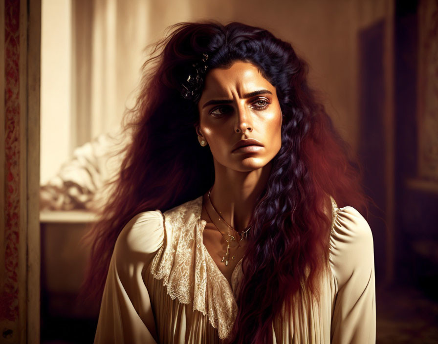 Dark-haired woman in vintage blouse by window with warm light