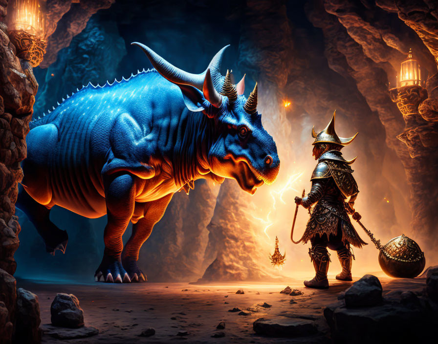 Warrior in ornate armor confronts blue horned creature in torch-lit cavern