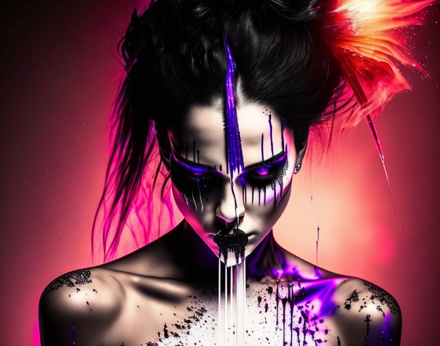 Woman with dramatic black and purple makeup in digital artwork