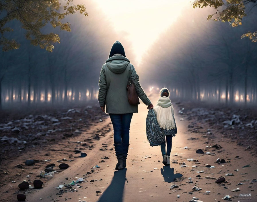 Adult and child walking hand in hand in misty forest scene