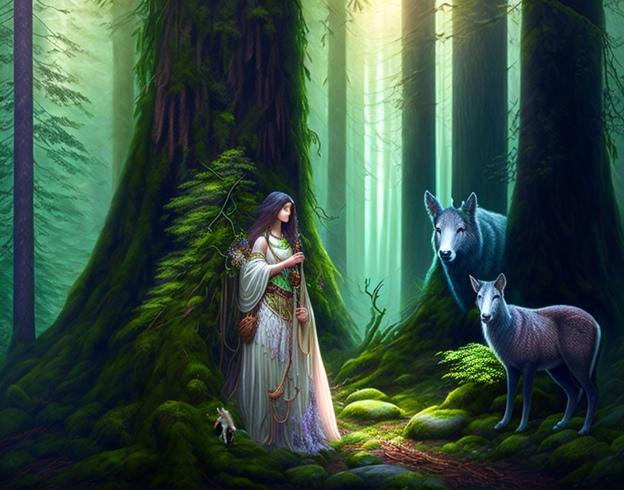 Woman in lush forest with wolves under sunlight