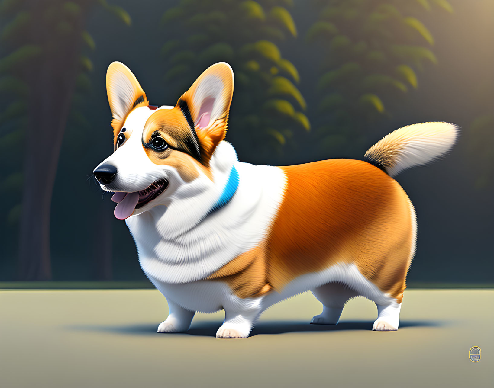 Happy Pembroke Welsh Corgi with Blue Collar in Forest Setting