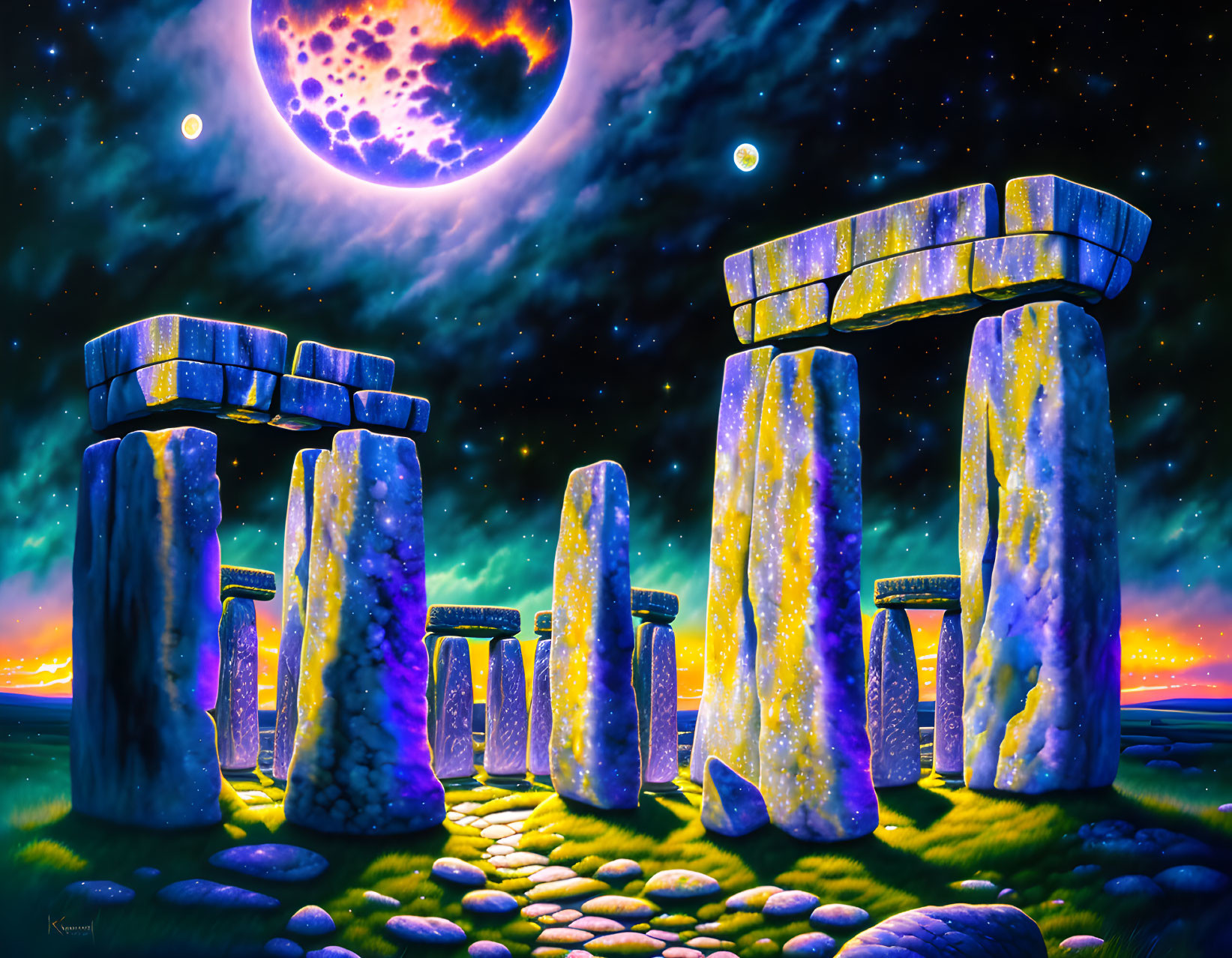 Fantastical Stonehenge scene under purple moon.