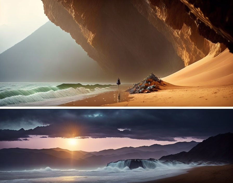 Serene beach landscapes collage with sunset, waves, and mountains