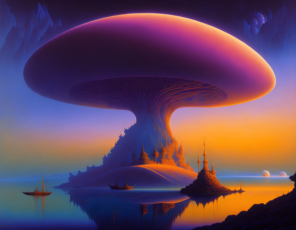 Fantasy landscape with giant mushroom, sailing ships, and celestial bodies