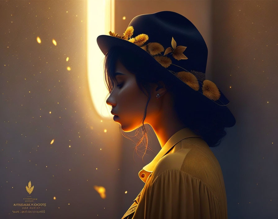 Profile of woman in flower-adorned hat in warm light with golden specks