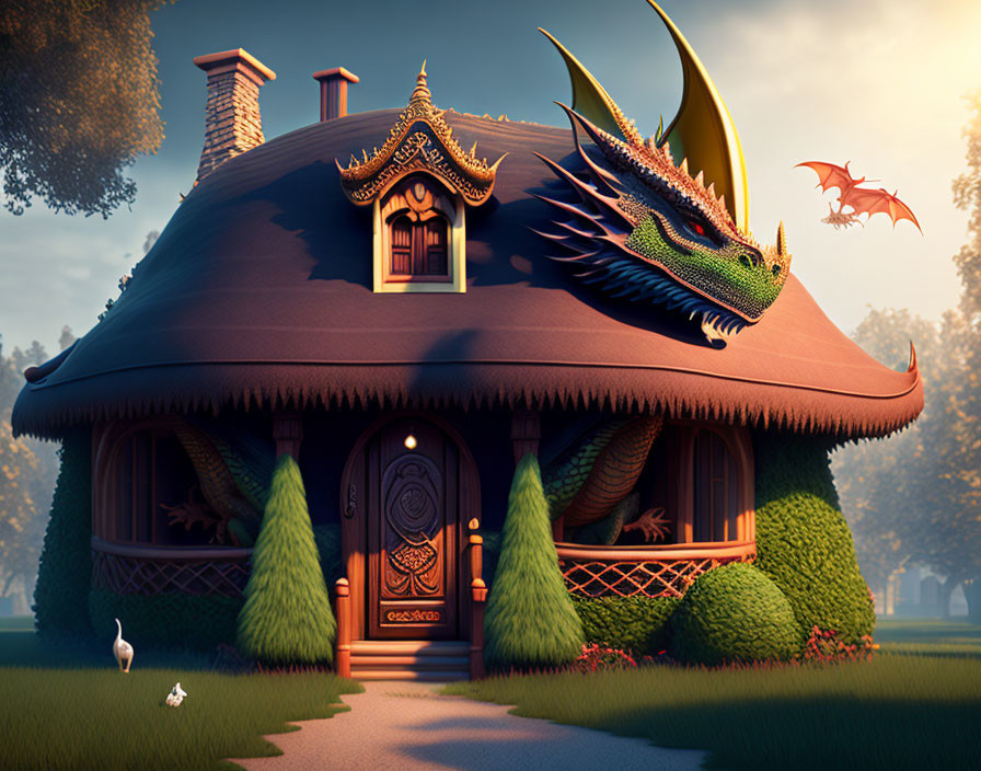 Fantasy house illustration with dragon, bat, ornate door, conical trees, and bird at