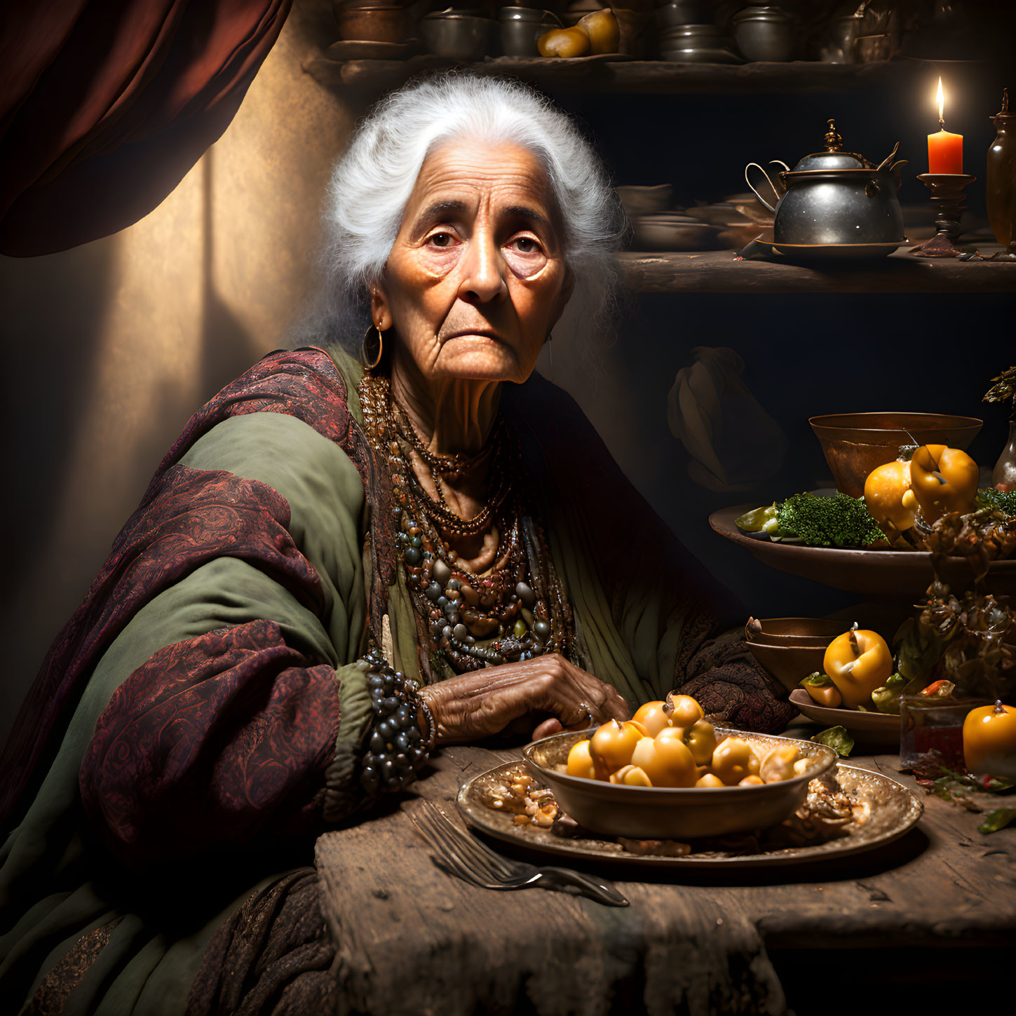 Elderly woman with white hair at table with beads, candle, teapot, and fruit bowls