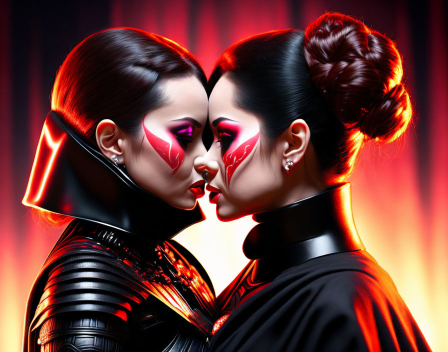 Two women in futuristic black attire with red lightning bolt makeup on fiery backdrop