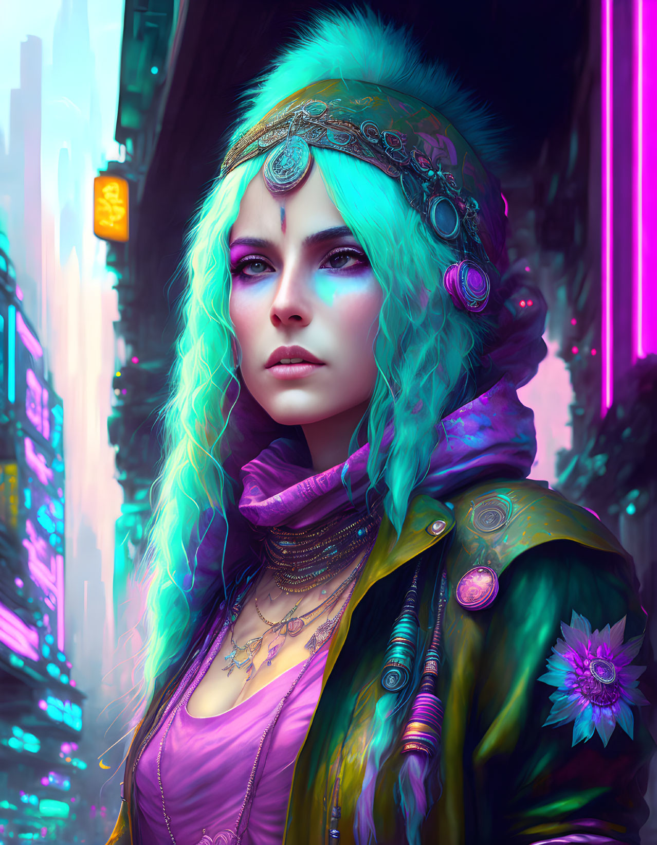 Futuristic portrait of woman with turquoise hair and vibrant makeup