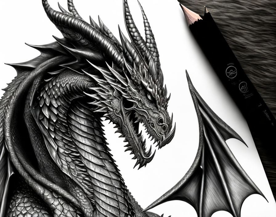 Monochrome drawing of a detailed dragon with sharp horns and intricate scales beside a pencil