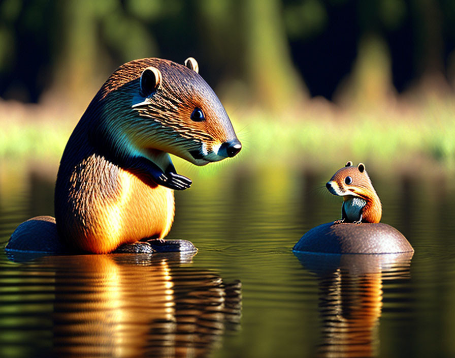 Two cartoon beaver characters on rocks in water with trees.