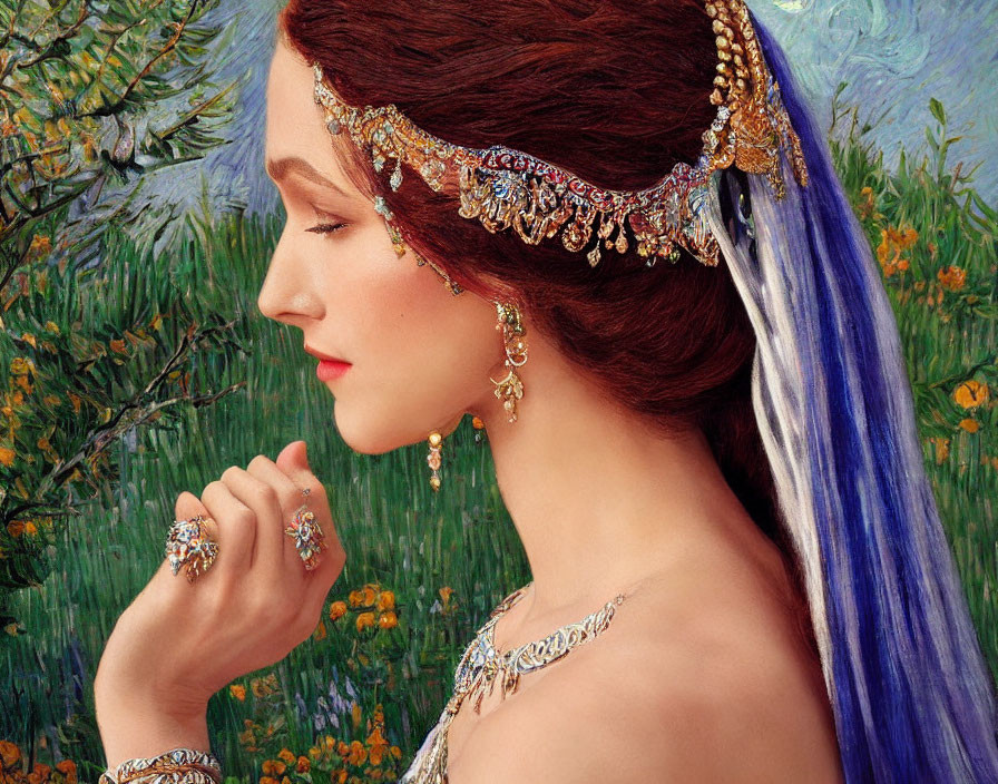 Jeweled woman in serene pose against green backdrop