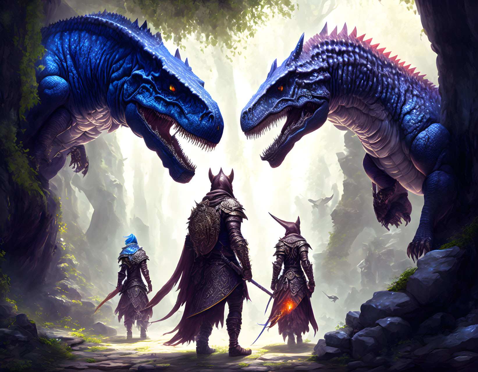 Fantasy warriors face giant blue dragons in mystical forest