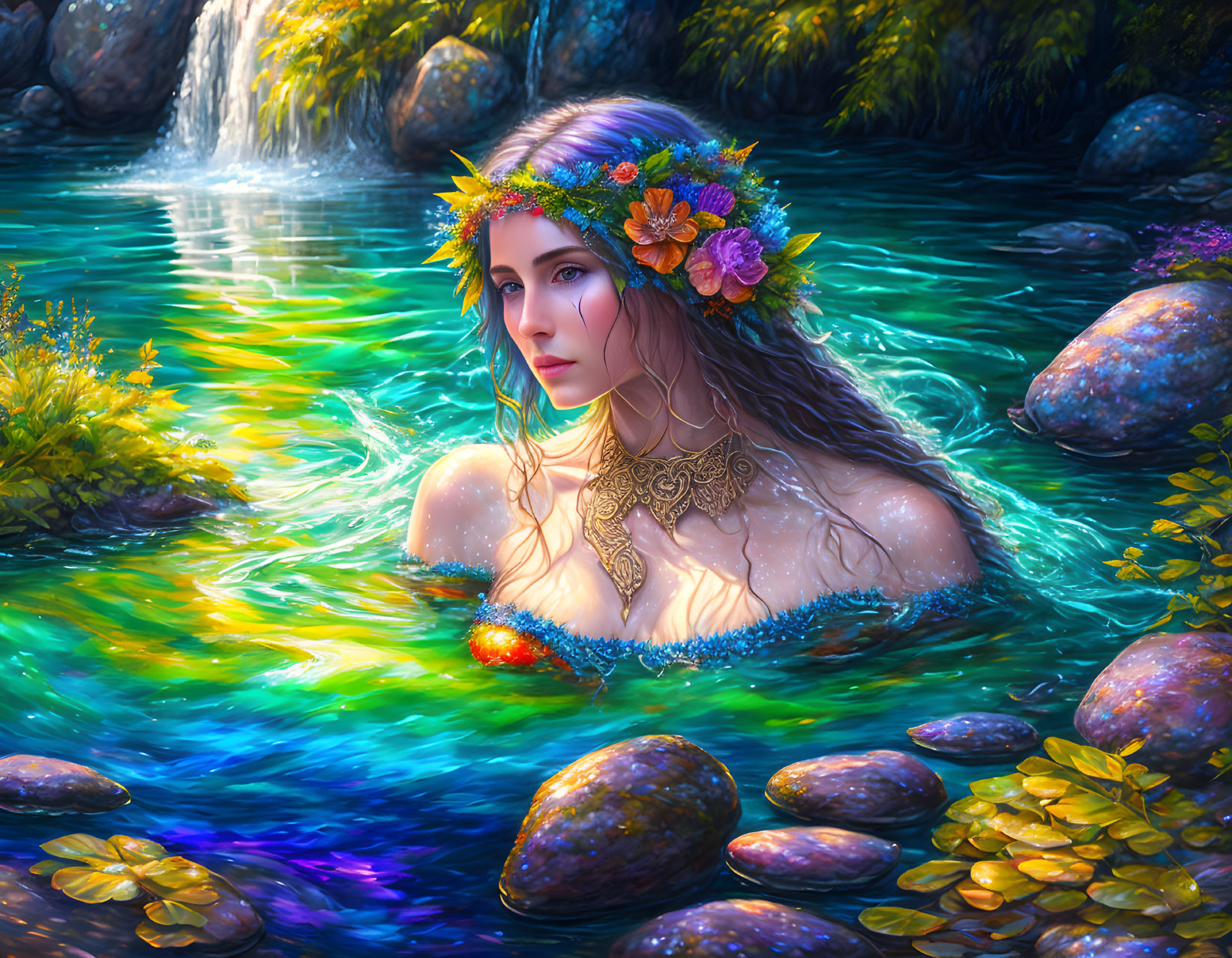 Woman with Floral Crown in Mystical Water Setting