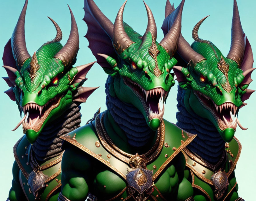 Green Dragon Character in Golden Armor on Blue Background