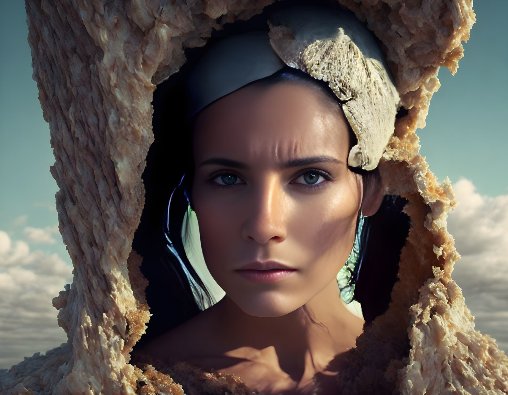 Close-up of woman's face framed by bread-like structure against cloudy sky