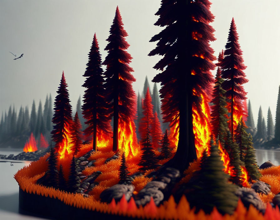 Surreal cross-section landscape with fire layer, evergreen trees, mist, and bird.