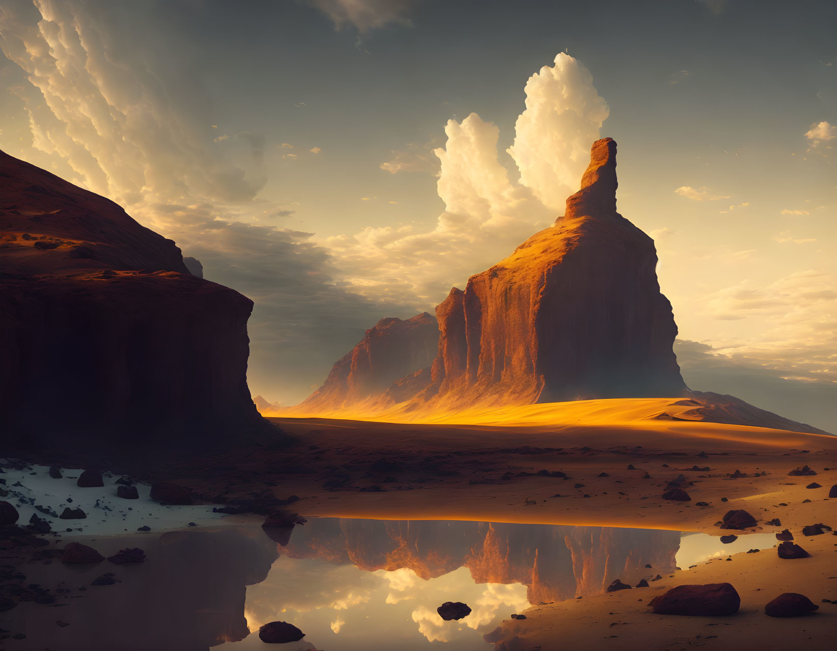 Majestic rock formation in desert landscape at sunset