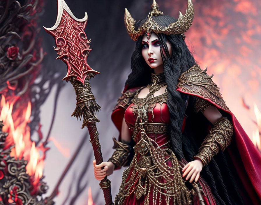 Fantasy female character in red and black armor with horns and weapon on fiery backdrop