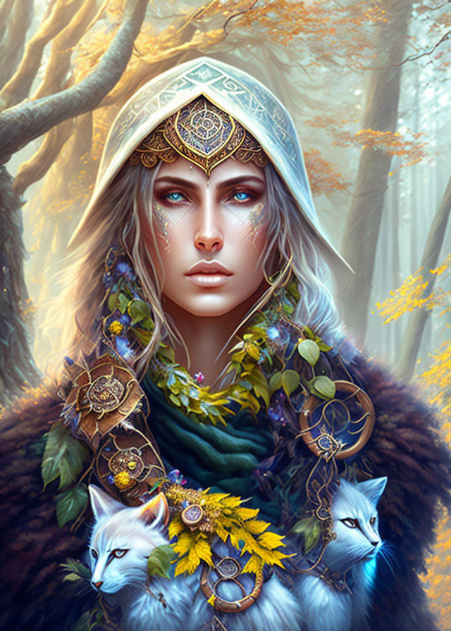 Mystical female with ornate headdress among white wolves in autumn forest