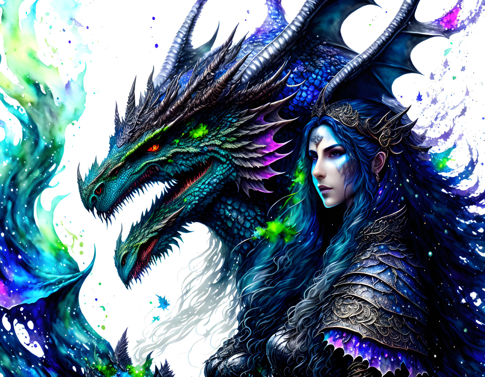 Fantasy Artwork: Elf with Blue Hair & Blue Dragon in Colorful Magical Scene