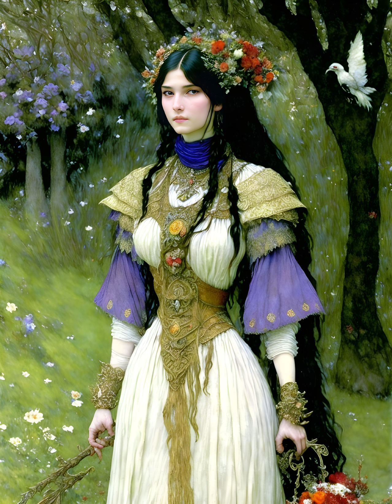 Fantasy Woman in Costume with Dove in Flower Meadow