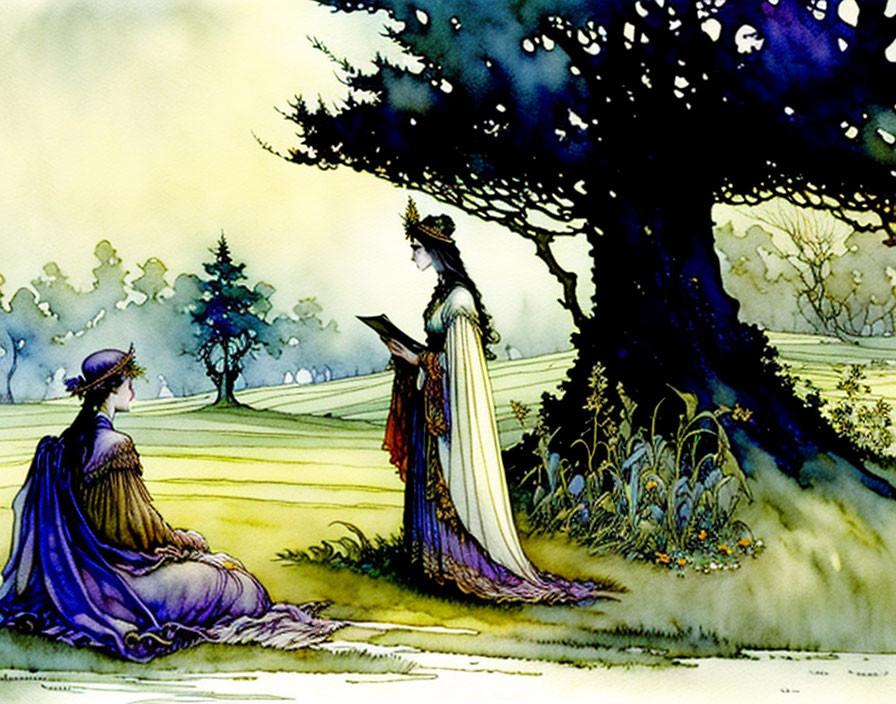 Royal figures in regal attire under mystical tree in illustration