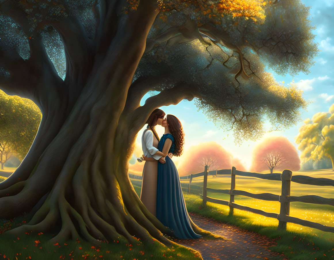 Embracing couple under large tree in serene landscape