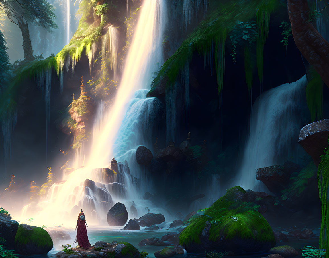 Majestic waterfall scene with cloaked figure