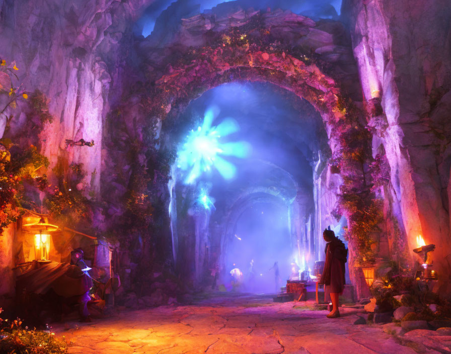 Enchanting blue-lit cave with cloaked figure, glowing plants, and magical artifacts