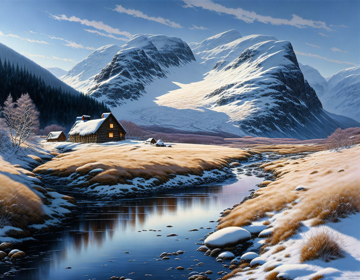 Solitary cabin by still river, snowy hills, golden grass