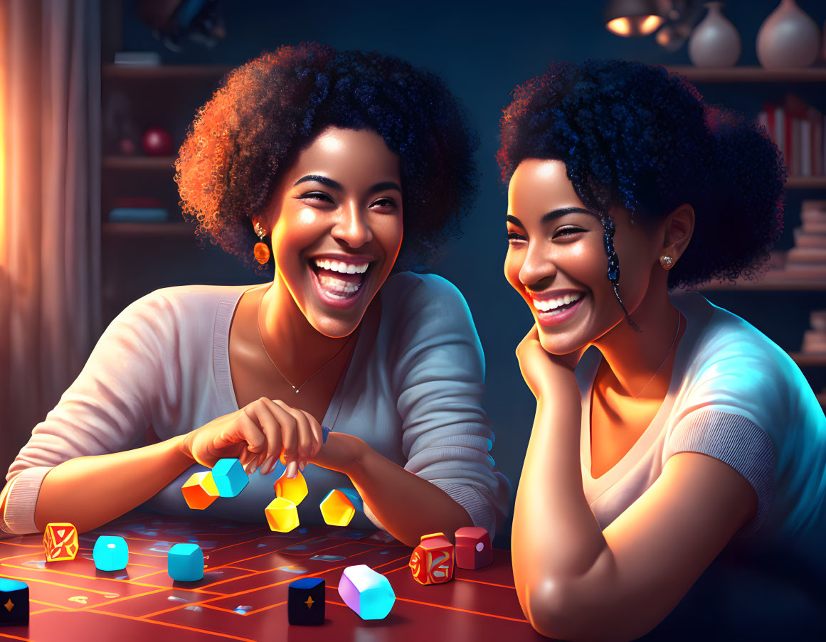 Two women playing board game with colorful dice and tokens in warmly lit room