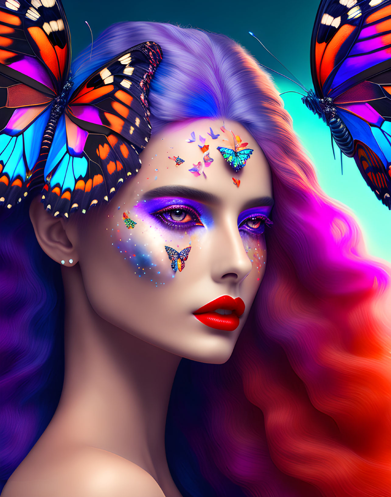 Vibrant purple hair woman with butterflies and sparkles on blue background