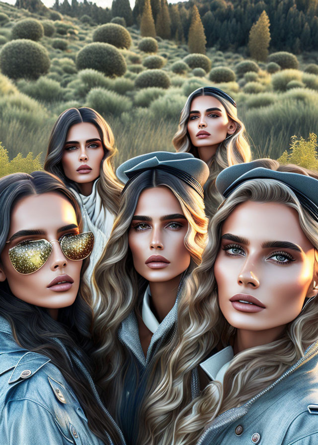 Four stylized women with striking makeup and trendy clothing against uniform round bushes.