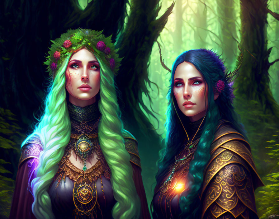 Two women in floral crowns and fantasy attire in ethereal forest setting with green and blue hair.