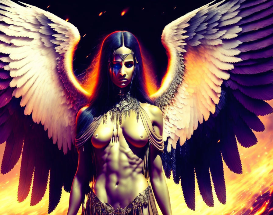 Digital artwork featuring female figure with large white wings and fiery backdrop