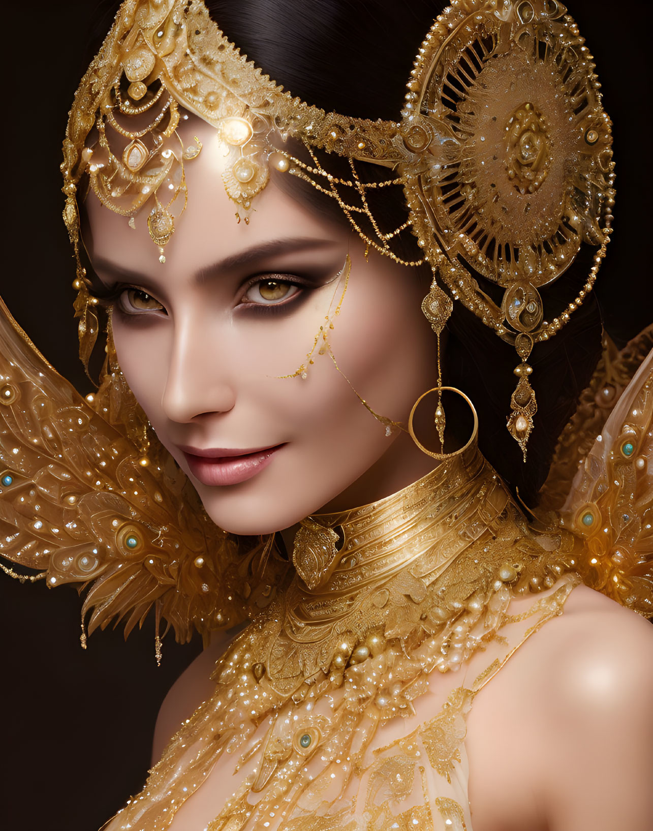 Elaborate Golden Jewelry with Peacock Feathers and Ornate Headgear