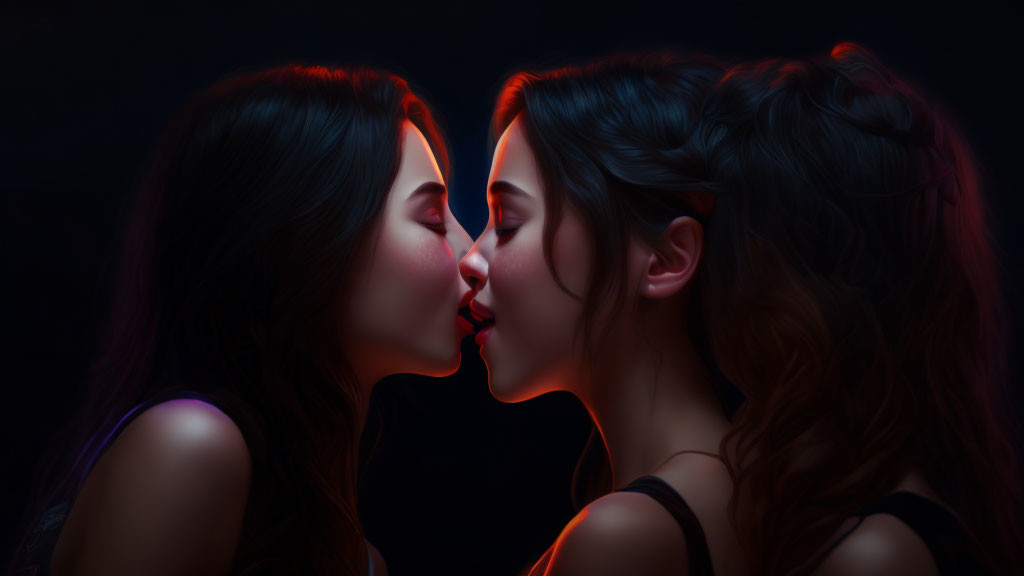 Intimate portrait of two women with dark hair under red light