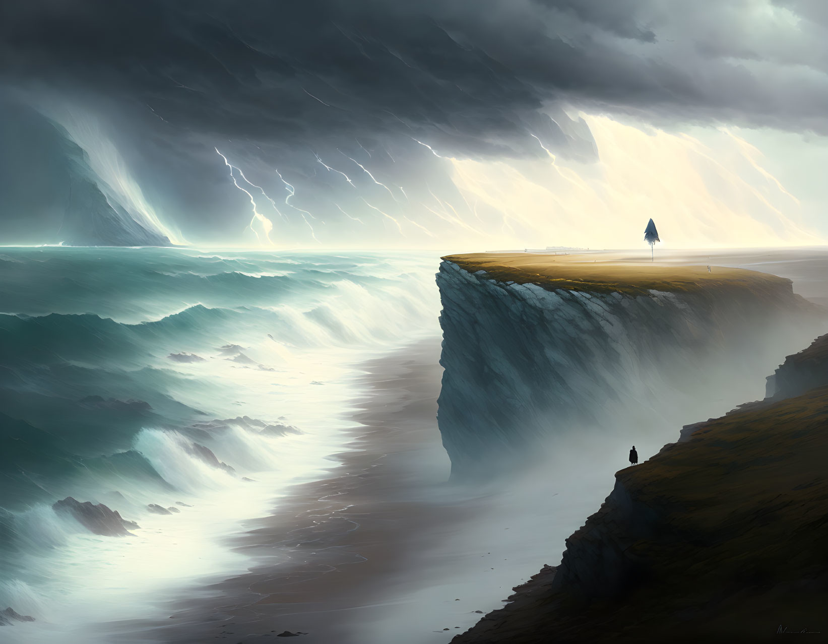 Solitary figure on cliff faces dramatic seascape with towering waves and lightning.